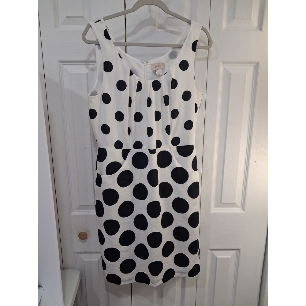 LOFT Ann Taylor Dress 10 Women's White Black Bold Polka Dot Sleeveless Pleated